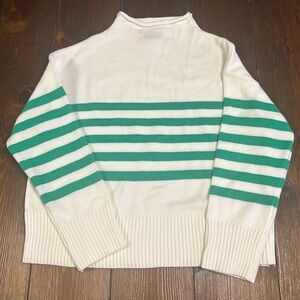 White Sweater with Crystal Green Stripes Rolled Neck EUC